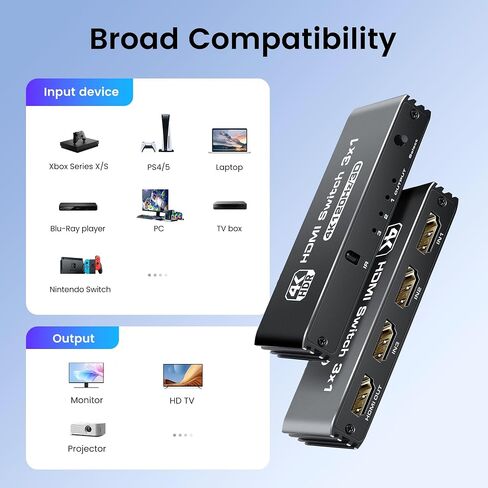 NEWCARE 3 Ports HDMI 2.1 Switch Box 4K@120Hz, HDMI Splitter 3 in 1 Out with Remote Auto Switching, HDMI Selector Switch Support VRR ALLM HDR 3D Audio, for PS5, Xbox, PC, Streaming Device in Kuwait