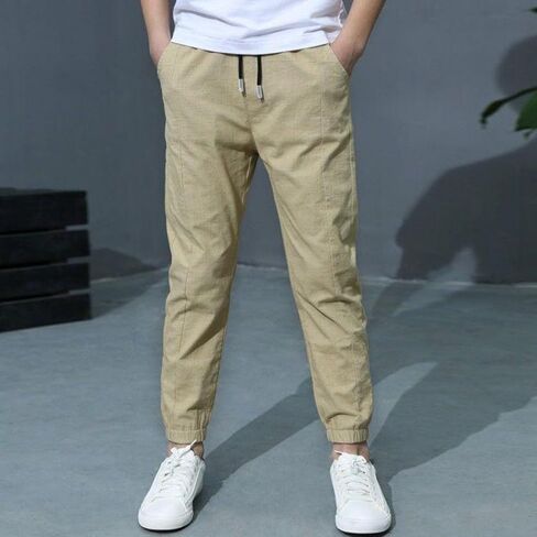 Sweatpants Boys Kids Cotton Linen Athletic Workout Boys Clothes Drawstring Joggers Pants Outewear Zipper Pockets in Saudi Arabia