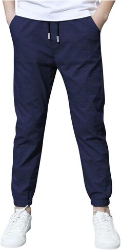 Sweatpants Boys Kids Cotton Linen Athletic Workout Boys Clothes Drawstring Joggers Pants Outewear Zipper Pockets in Saudi Arabia