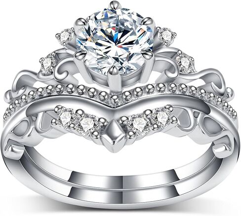 2 Carat(ctw) Round-Cut Moissanite Engagement Rings Sets for Women,925 Sterling Silver Crown Wedding Band Set,Bridal Rings Sets for Anniversary Birthday in Saudi Arabia