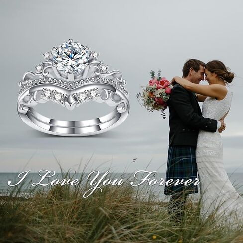 2 Carat(ctw) Round-Cut Moissanite Engagement Rings Sets for Women,925 Sterling Silver Crown Wedding Band Set,Bridal Rings Sets for Anniversary Birthday in Saudi Arabia