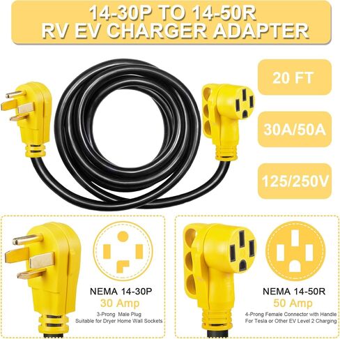 سلك محول الشاحن 50 قدمًا EV NEMA 14-30P إلى 14-50R ، 30 AMP 4 Brong Dryer to 50 Amp 4 Prong EV/RV لشحن Tesla أو EV المستوى 2 ، سلك تمديد EV الثقيل مع المقبض ، ETL مدرج in Kuwait