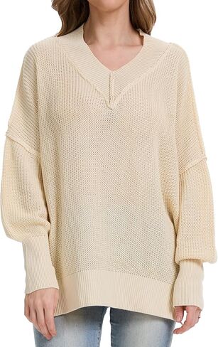Womens Oversized Sweater V Neck Pullover with Ribbed Cuffs Batwing Sleeves Casual Fall Sweatshirt in Saudi Arabia