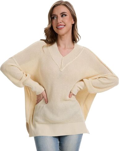 Womens Oversized Sweater V Neck Pullover with Ribbed Cuffs Batwing Sleeves Casual Fall Sweatshirt in Saudi Arabia