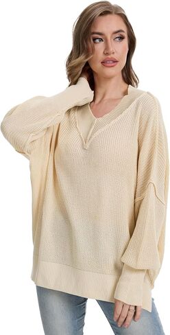 Womens Oversized Sweater V Neck Pullover with Ribbed Cuffs Batwing Sleeves Casual Fall Sweatshirt in Saudi Arabia