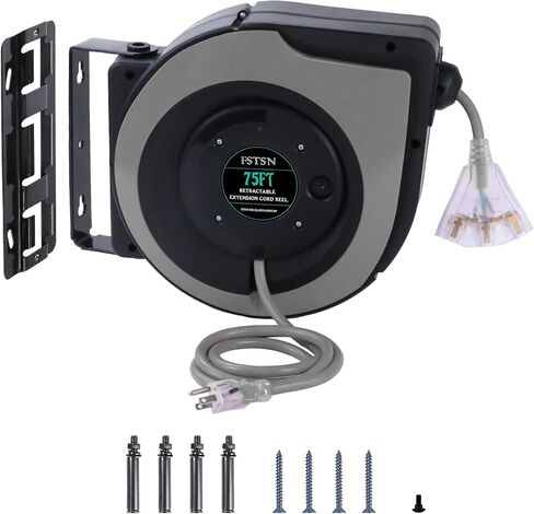 بكرة سلك تمديد قابلة للسحب، 75 قدم 14 AWG/3C SJTOW سلك طاقة عالي التحمل، 3 منافذ ثلاثية مضاءة، قاطع دائرة 10 أمبير، السقف أو التثبيت على الحائط للاستخدام الداخلي/الخارجي، أحمر in Saudi Arabia
