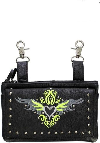 Motorcycle Womens Adjustable Strap Hip Leather Purse wtith Lobster Claw Different Desings (Lime Green/Gray Heart and Studs) in Saudi Arabia