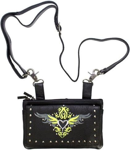 Motorcycle Womens Adjustable Strap Hip Leather Purse wtith Lobster Claw Different Desings (Lime Green/Gray Heart and Studs) in Saudi Arabia