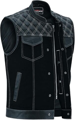 Vance Leather Men's Denim & Leather Motorcycle Vest with Dual Conceal Carry Pockets, SOA Biker Club Vest in Saudi Arabia