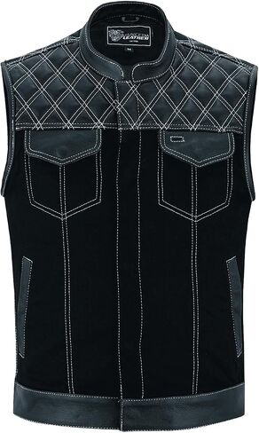 Vance Leather Men's Denim & Leather Motorcycle Vest with Dual Conceal Carry Pockets, SOA Biker Club Vest in Saudi Arabia
