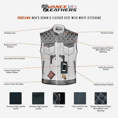 Vance Leather Men's Denim & Leather Motorcycle Vest with Dual Conceal Carry Pockets, SOA Biker Club Vest in Saudi Arabia