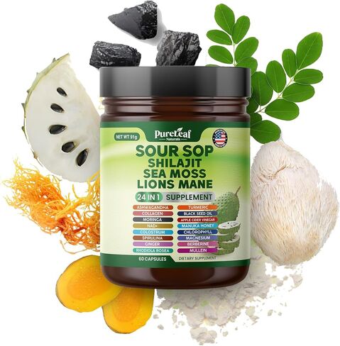 Soursop Shilajit ، Sea Moss ، و Lions Mane - 24 في 1 مع Ashwagandha ، زيت البذور السوداء ، Rhodiola Rosea ، الزنجبيل ، الكولاجين ، الكركم - صنع في الولايات المتحدة الأمريكية - 60 كبسولة in Saudi Arabia