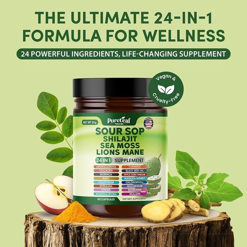 Soursop Shilajit ، Sea Moss ، و Lions Mane - 24 في 1 مع Ashwagandha ، زيت البذور السوداء ، Rhodiola Rosea ، الزنجبيل ، الكولاجين ، الكركم - صنع في الولايات المتحدة الأمريكية - 60 كبسولة in Saudi Arabia