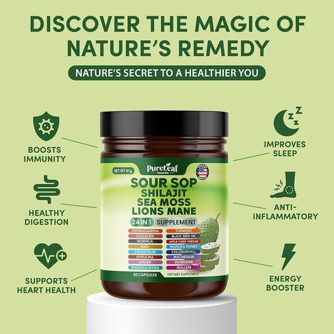 Soursop Shilajit ، Sea Moss ، و Lions Mane - 24 في 1 مع Ashwagandha ، زيت البذور السوداء ، Rhodiola Rosea ، الزنجبيل ، الكولاجين ، الكركم - صنع في الولايات المتحدة الأمريكية - 60 كبسولة in Saudi Arabia
