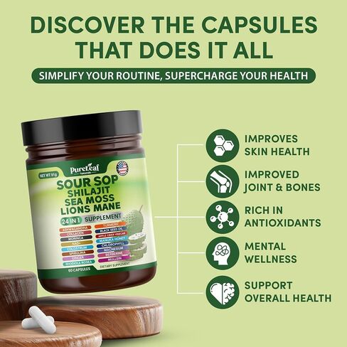 Soursop Shilajit ، Sea Moss ، و Lions Mane - 24 في 1 مع Ashwagandha ، زيت البذور السوداء ، Rhodiola Rosea ، الزنجبيل ، الكولاجين ، الكركم - صنع في الولايات المتحدة الأمريكية - 60 كبسولة in Saudi Arabia