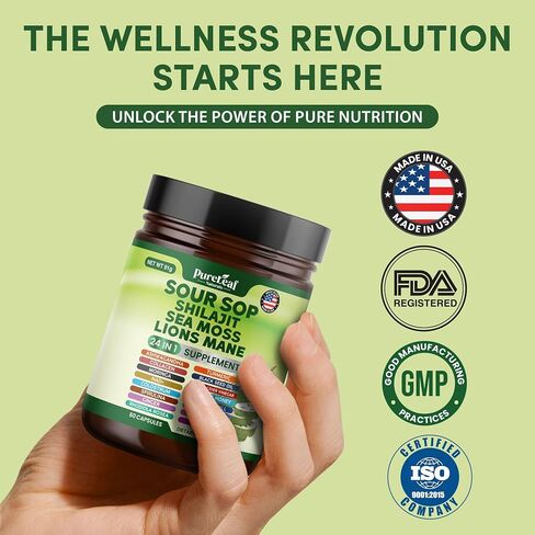 Soursop Shilajit ، Sea Moss ، و Lions Mane - 24 في 1 مع Ashwagandha ، زيت البذور السوداء ، Rhodiola Rosea ، الزنجبيل ، الكولاجين ، الكركم - صنع في الولايات المتحدة الأمريكية - 60 كبسولة in Saudi Arabia