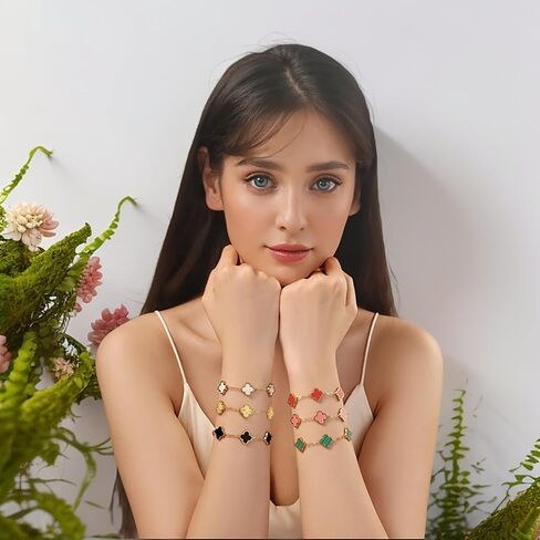 (Sturdy Version) 18K Gold Plated Bracelets for Women Men (Double Sided) Four Leaf Clover Cute Trendy Lucky Braclet (Adjustable) Fit Wrist Within 8 Inch, Gold White Black Green Blue Red Pink in Saudi Arabia
