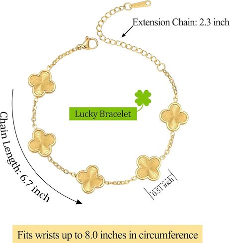 (Sturdy Version) 18K Gold Plated Bracelets for Women Men (Double Sided) Four Leaf Clover Cute Trendy Lucky Braclet (Adjustable) Fit Wrist Within 8 Inch, Gold White Black Green Blue Red Pink in Saudi Arabia
