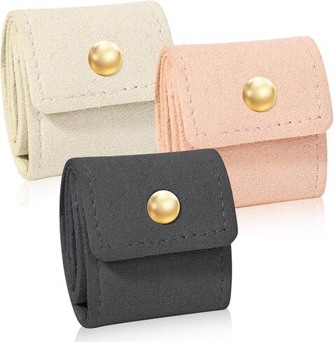 3Pcs Mini Travel Jewelry Bag, Leather Jewelry Organizer Foldable Pouch for Necklaces, Rings & Earrings - Compact Jewelry Case with Buckle for Women, Travel Accessories (Beige, Pink, Gray) in Saudi Arabia