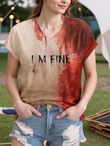 المرأة المضحكة حلقة حلت القميص الدموي - هالوين الدم بقعة الرسم - أزياء الرعب المخيف أعلى للحفلة in Kuwait