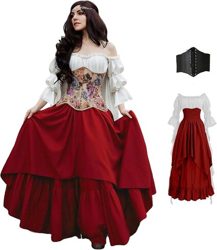 BITSEACOCO Women Renaissance Fairy Layered Dress Victorian Irish Costumes Halloween Cosplay Medieval Gothic Pirate Dresses in Saudi Arabia