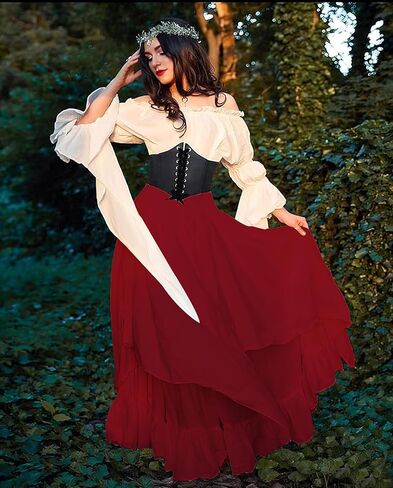 BITSEACOCO Women Renaissance Fairy Layered Dress Victorian Irish Costumes Halloween Cosplay Medieval Gothic Pirate Dresses in Saudi Arabia