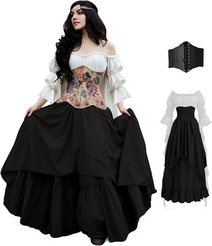 BITSEACOCO Women Renaissance Fairy Layered Dress Victorian Irish Costumes Halloween Cosplay Medieval Gothic Pirate Dresses in Saudi Arabia