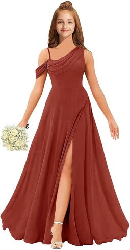 MRHUSH Junior Bridesmaid Dresses for Teen Girls Chiffon One Shoulder Flower Girl Dress for Wedding Long Party Gown with Slit in Saudi Arabia