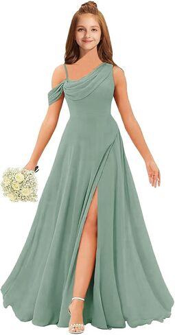 MRHUSH Junior Bridesmaid Dresses for Teen Girls Chiffon One Shoulder Flower Girl Dress for Wedding Long Party Gown with Slit in Saudi Arabia