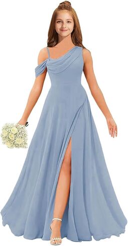 MRHUSH Junior Bridesmaid Dresses for Teen Girls Chiffon One Shoulder Flower Girl Dress for Wedding Long Party Gown with Slit in Saudi Arabia