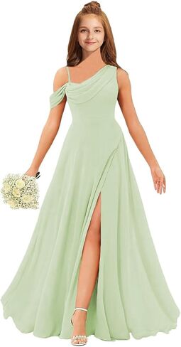 MRHUSH Junior Bridesmaid Dresses for Teen Girls Chiffon One Shoulder Flower Girl Dress for Wedding Long Party Gown with Slit in Saudi Arabia