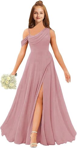 MRHUSH Junior Bridesmaid Dresses for Teen Girls Chiffon One Shoulder Flower Girl Dress for Wedding Long Party Gown with Slit in Saudi Arabia