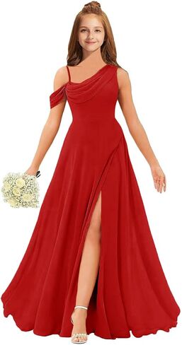 MRHUSH Junior Bridesmaid Dresses for Teen Girls Chiffon One Shoulder Flower Girl Dress for Wedding Long Party Gown with Slit in Saudi Arabia