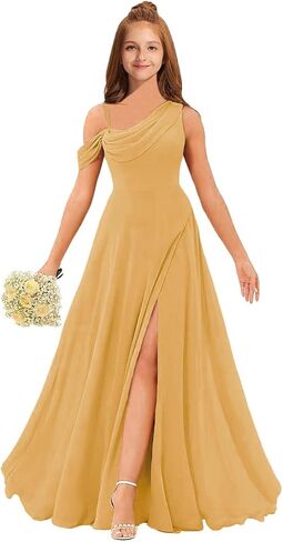 MRHUSH Junior Bridesmaid Dresses for Teen Girls Chiffon One Shoulder Flower Girl Dress for Wedding Long Party Gown with Slit in Saudi Arabia