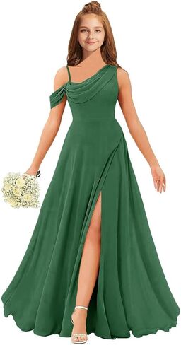 MRHUSH Junior Bridesmaid Dresses for Teen Girls Chiffon One Shoulder Flower Girl Dress for Wedding Long Party Gown with Slit in Saudi Arabia