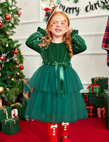 Arshiner Girls Velvet Tutu Dress Toddler Puff Long Sleeve Tulle Tulle Fall Winter Party Dresses مع الشريط in Kuwait