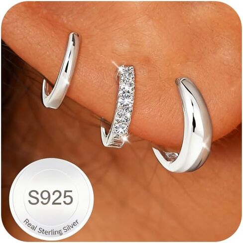 3 Pairs 925 Sterling Silver Earrings for Women Non Tarnish Small Hypoallergenic Huggie Hoop Earrings Cartilage Hoops Stackable Earring Sets for Multiple Piercing in Kuwait