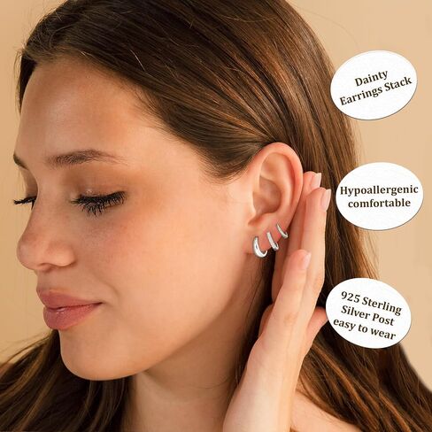 3 Pairs 925 Sterling Silver Earrings for Women Non Tarnish Small Hypoallergenic Huggie Hoop Earrings Cartilage Hoops Stackable Earring Sets for Multiple Piercing in Kuwait