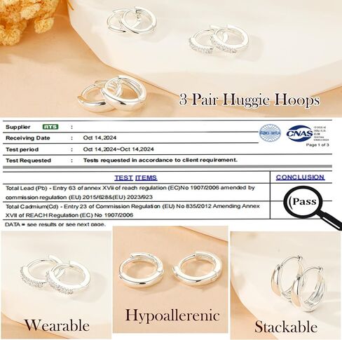 3 Pairs 925 Sterling Silver Earrings for Women Non Tarnish Small Hypoallergenic Huggie Hoop Earrings Cartilage Hoops Stackable Earring Sets for Multiple Piercing in Kuwait