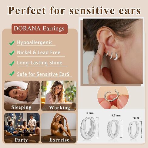 3 Pairs 925 Sterling Silver Earrings for Women Non Tarnish Small Hypoallergenic Huggie Hoop Earrings Cartilage Hoops Stackable Earring Sets for Multiple Piercing in Kuwait
