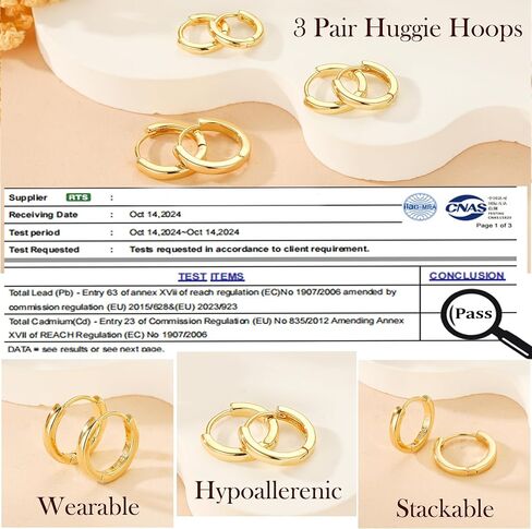 3 Pairs 925 Sterling Silver Earrings for Women Non Tarnish Small Hypoallergenic Huggie Hoop Earrings Cartilage Hoops Stackable Earring Sets for Multiple Piercing in Kuwait