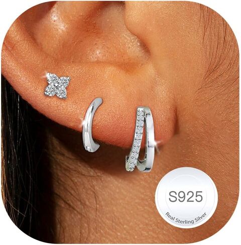 3 Pairs 925 Sterling Silver Earrings for Women Non Tarnish Small Hypoallergenic Huggie Hoop Earrings Cartilage Hoops Stackable Earring Sets for Multiple Piercing in Kuwait