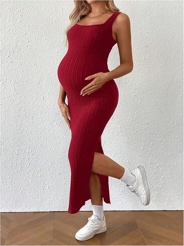 Floerns Women's Maternity Tank Knit Maxi Dress Side Split Bodycon Twisted Ruched Cut Out Backless Dress in Saudi Arabia