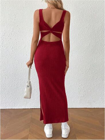 Floerns Women's Maternity Tank Knit Maxi Dress Side Split Bodycon Twisted Ruched Cut Out Backless Dress in Saudi Arabia