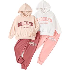 Activewear Set for Girls 4 Piece Printed Athletic Pullover Hooded Sweatshirt and Joggers Sweatpants （3-14Y） in Kuwait