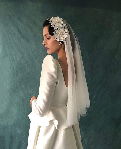 2 Tier Ivory Wedding Juliet Cap Veil w/Blusher, Elbow Length Vintage Floral Headband Bridal Veil, Classic & Boho Bridal Veil in Saudi Arabia