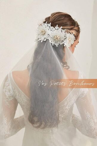 2 Tier Ivory Wedding Juliet Cap Veil w/Blusher, Elbow Length Vintage Floral Headband Bridal Veil, Classic & Boho Bridal Veil in Saudi Arabia