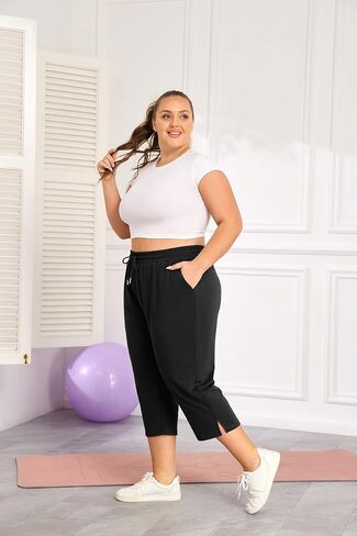 Plus Size Capri Pants for Women Loose Fit Yoga Pants with Pockets Workout Activewear Sweatpants in Saudi Arabia