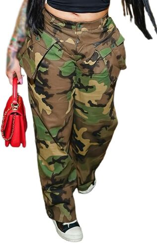 Camo Pants Women High Waist Camouflage Cargo Pants Wide Leg Jogger Sweatpants Trousers with Pockets in Kuwait