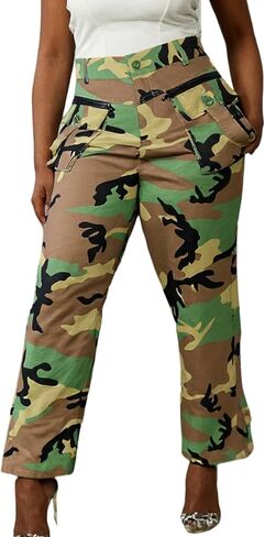 Camo Pants Women High Waist Camouflage Cargo Pants Wide Leg Jogger Sweatpants Trousers with Pockets in Kuwait